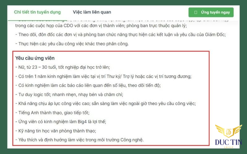 Các thông tin yêu cầu về vị trí cần ứng tuyển 